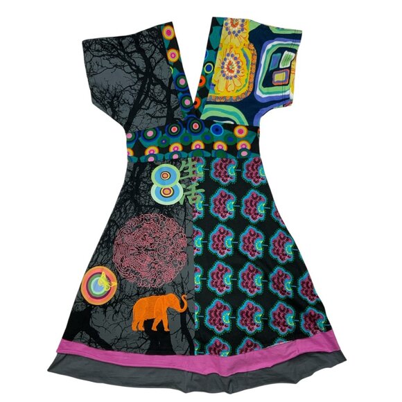 Desigual Dress S Colorful Embroidered Short Sleeve Tiered V-Neck Art To Wear - Picture 13 of 13